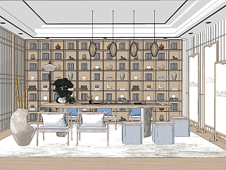 新中式茶室，原木实木茶台，茶桌椅，中式屏风su草图模型下载