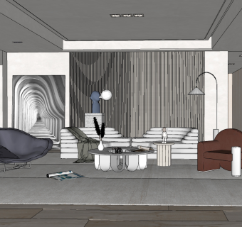 现代布艺异形组合沙发单人沙发茶几客厅su草图模型下载