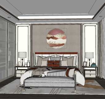 新中式卧室主人房，卧室su草图模型下载