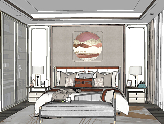 新中式卧室主人房，卧室su草图模型下载
