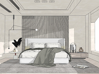 现代卧室，双人床，su草图模型下载