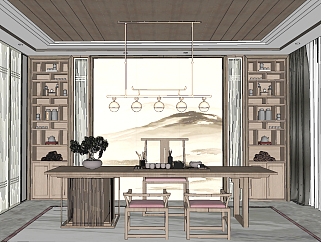 新中式茶室，<em>书房</em>茶台，茶桌椅su草图模型下载
