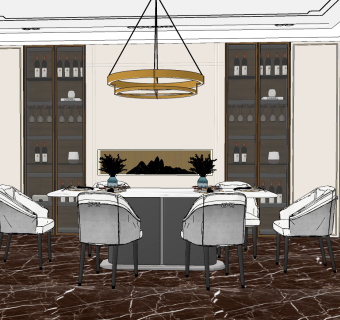 现代轻奢新中式餐厅，su草图模型下载