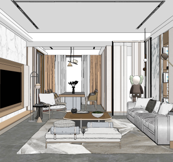 现代客厅餐厅su草图模型下载