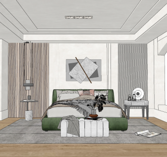 现代轻奢简欧式卧室双人床su草图模型下载