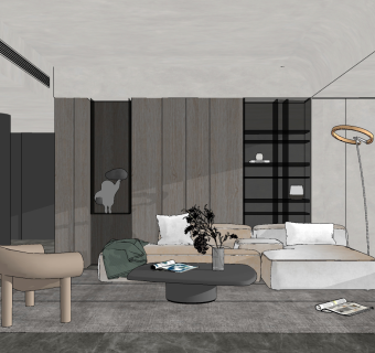 现代客厅转角沙发单人沙发组合su草图模型下载