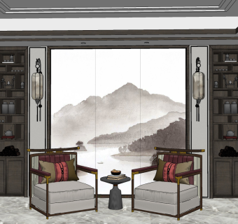 新中式单人休闲椅子沙发书柜壁灯su草图模型下载