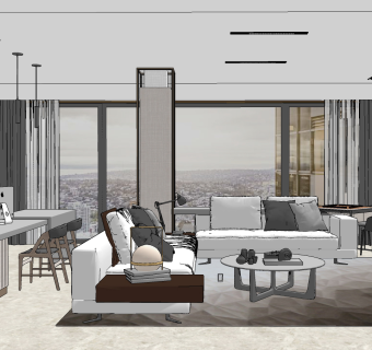 现代客厅书房书柜，书桌椅转角沙发su草图模型下载