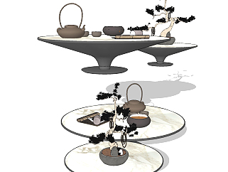 现代圆形<em>茶几</em>茶具，盆景,佛珠su草图模型下载