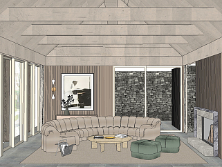 现代客厅，壁炉，皮革软包<em>沙发沙发凳</em>