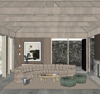 现代客厅，壁炉，皮革软包沙发沙发凳