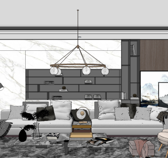 现代客厅，壁炉，皮革软包沙发沙发凳