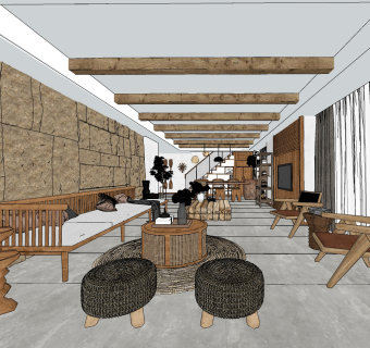 新中式自然风民宿客厅餐厅，沙发椅子边几