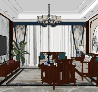 新中式客厅，实木沙发电视柜