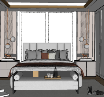 现代卧室，双人床，床尾凳榻，床头柜