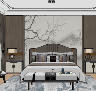 新中式主卧室双人床，su草图模型下载