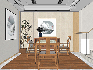 新中式餐厅餐桌椅 su草图模型下载