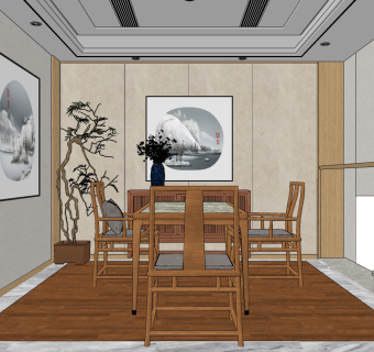 新中式餐厅餐桌椅 su草图模型下载