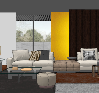 现代客厅，沙发玻璃茶几