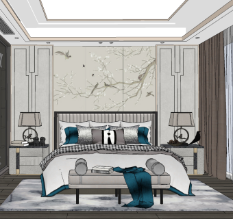 新中式卧室su草图模型下载