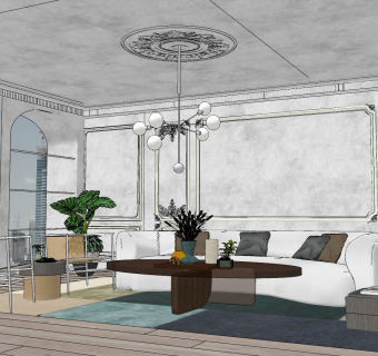 后现代法式客厅su草图模型下载