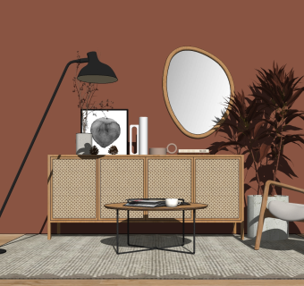 现代自然风，藤编，编制休闲椅电视柜，su草图模型下载