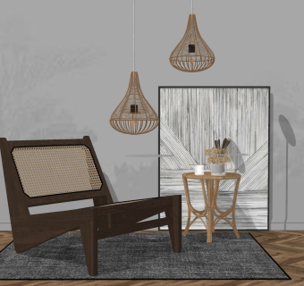 北欧现代自然风民宿，藤编，日式休闲椅边几吊灯su草图模型下载