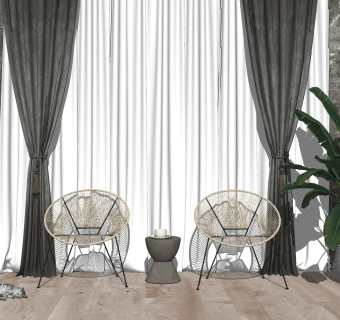 自然风藤编，编织，户外休闲椅，盆栽绿植su草图模型下载