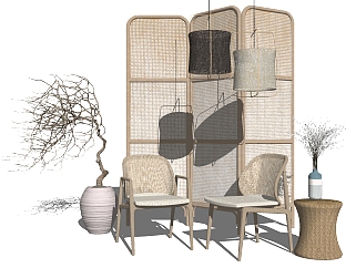 新中式现代自然风藤编编织休闲椅，单椅，边几屏风隔断， su草图模型下载