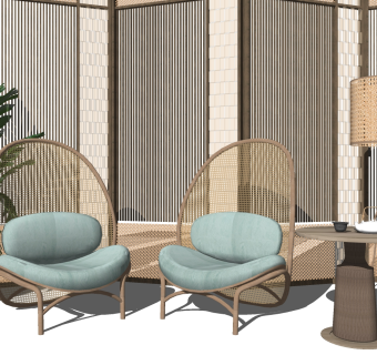 54新中式现代风格自然风藤编编织休闲椅 su草图模型下载