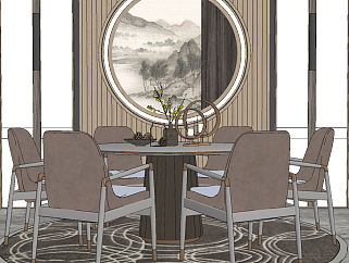新中式现代轻奢圆形餐桌椅子