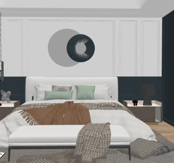 简欧式轻奢卧室，双人床，床头柜