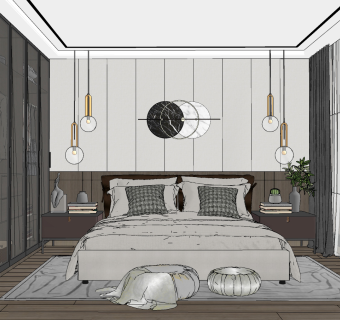 现代卧室，双人床，