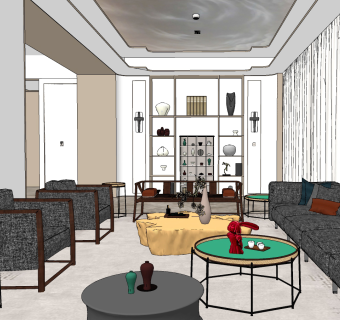 现代新中式客厅 su草图模型下载