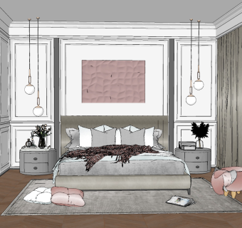 现代轻奢卧室，双人床，床头柜