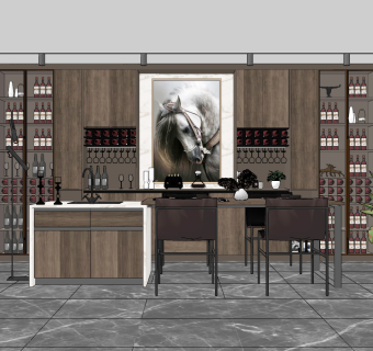 现代餐厅，开放式厨房岛台，中岛酒柜