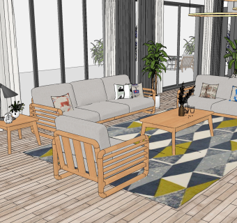 北欧实木沙发单人沙发su草图模型下载