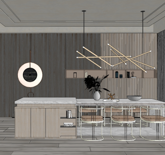 现代餐厅，开放式厨房岛台，中岛