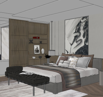 现代卧室，双人床，床尾凳，床头柜