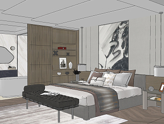 现代卧室，双人床，床尾凳，床头柜