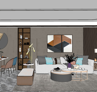 轻奢客厅，沙发餐桌椅，茶几su草图模型下载