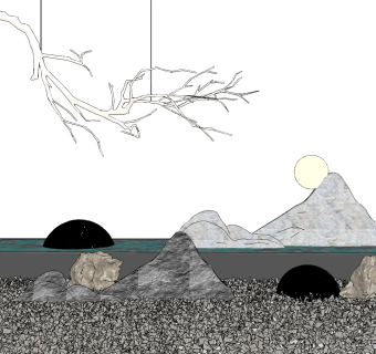 新中式庭院景观小品，山脉造型石头，干枝