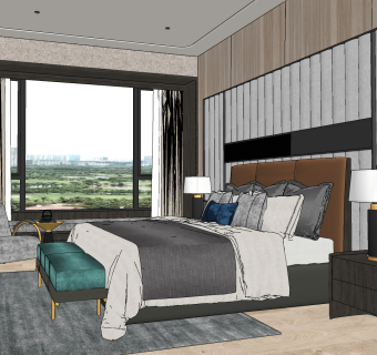 新中式卧室，床头柜休闲椅高靠背双人床su草图模型下载