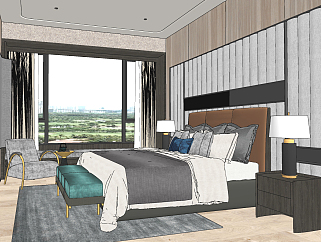 新中式卧室，床头柜休闲椅高靠背双人床su草图模型下载