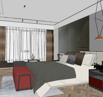 现代新中式卧室双人床，床头柜