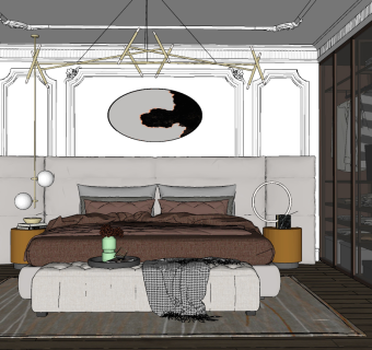 北欧轻奢卧室，双人床，衣柜