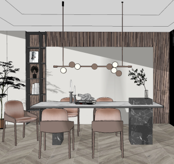 轻奢餐厅，餐桌椅长条吊灯