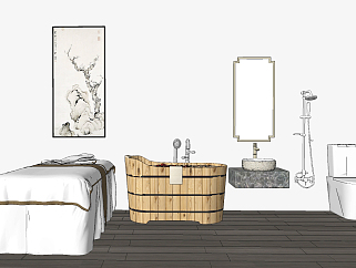 新中式美容spa按摩房家具用品，木桶浴，浴缸，按摩床，洗手台