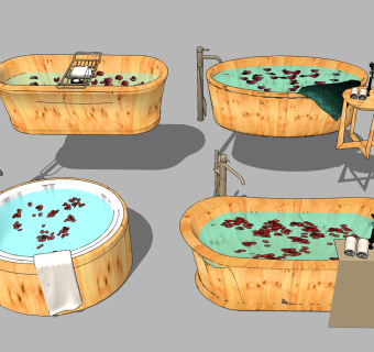 木质浴缸浴桶，木桶浴外漏浴缸，花瓣