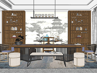 新中式<em>茶室</em>，书房，书柜，茶桌椅，书桌吊灯 su草图...